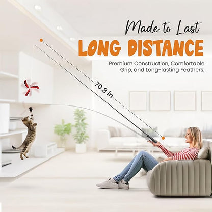 Hi Pets- Cat Wand with 4 pcs Natural Teaser Feathers, Interactive for Indoor Cats,1pc 72 in, Telescopic Cat Wand Long and Flexible, Interactive for Teaser Play and Chase Exercise with Kitten.