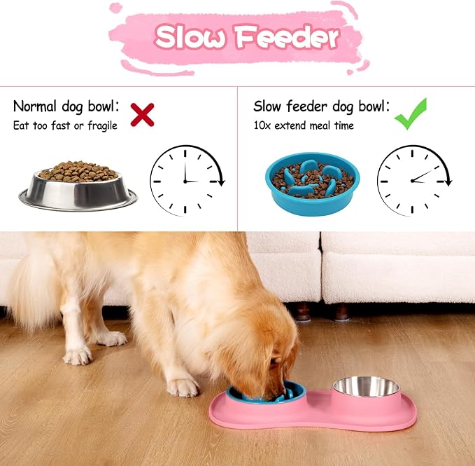 MateeyLife Dog Food and Water Bowl Set 3 in 1, Slow Feeder Dog Bowls & Stainless Steel Water Bowl with Non-Spill Silicone Mat, Cat and Puppy Bowls Pet Dishes for Small Medium Large Breed Anti-Choking