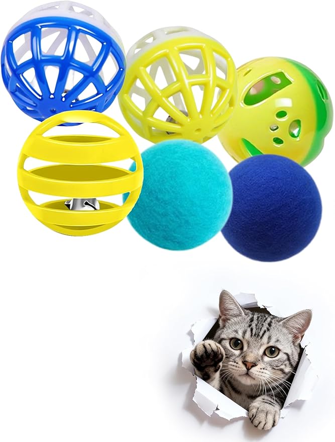 6Pcs Cat Toys Indoor for Bored Cats Kittens - 4 Bell Balls 2 Glitter Plush Balls Interactive Play (1.5'')