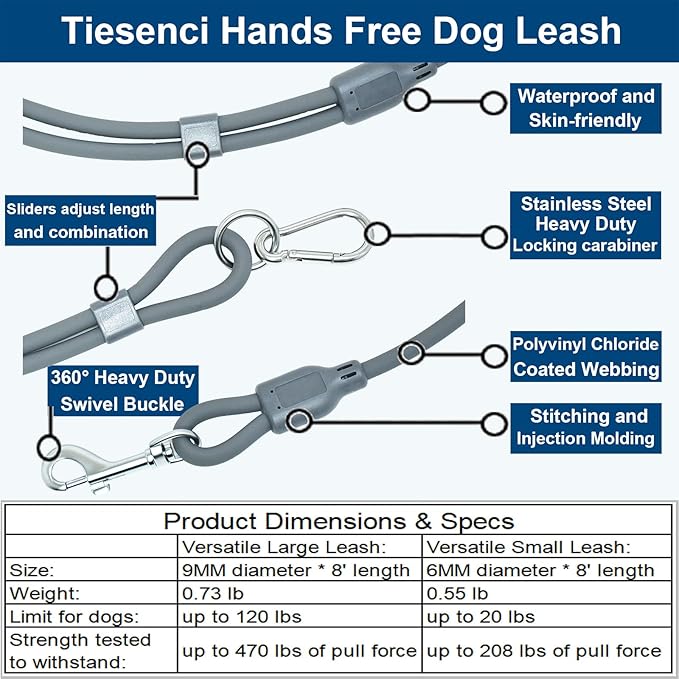 Hands Free Dog Leash Crossbody & Waist for Walking, 9-in-1 No Pull Dog Harness & Leash Set, Heavy Duty Waterproof Slip Lead for Large Medium Breeds (20-120lbs, Grey)