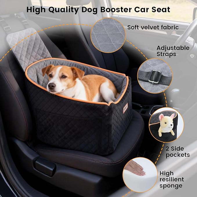 Babyboat Dog Car Seat for Small & Medium Dog Adjustable Height Pet Booster Car Seat with 2 Cushion Up to 30lbs Detachable Travel Pet Bed with Remove Cover, Storage Pockets - Black