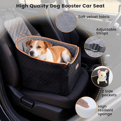 Babyboat Dog Car Seat for Small & Medium Dog Adjustable Height Pet Booster Car Seat with 2 Cushion Up to 30lbs Detachable Travel Pet Bed with Remove Cover, Storage Pockets - Black