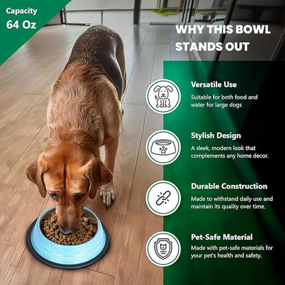 Iconic Pet Color Splash Stripe Non-Skid Stainless Steel Dog & Cat Bowl - Blue, 64 Oz, 8 Cup, Durable, Easy to Clean, Anti-Slip Feeding Dish for Food & Water, Stylish Design for Dogs and Cats