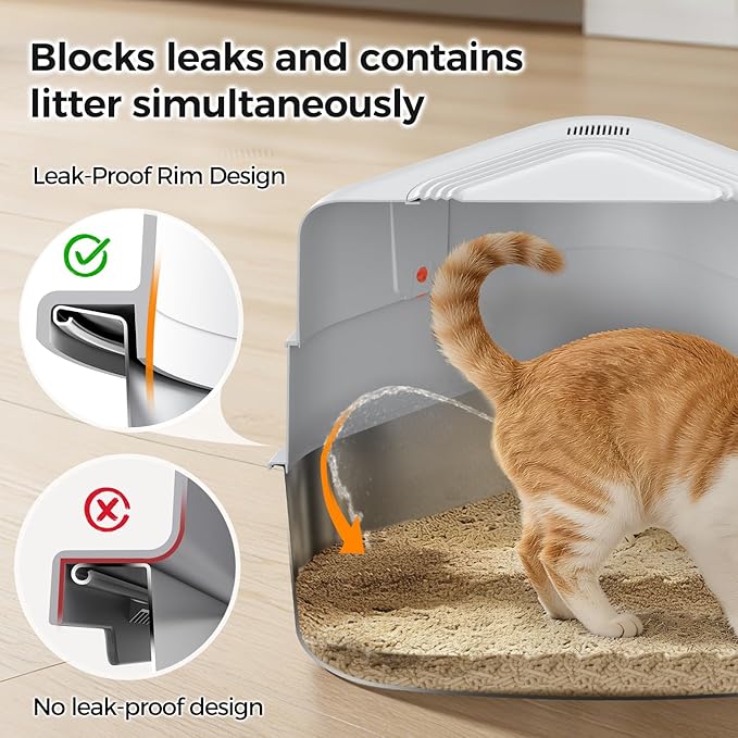 XXL Stainless Steel Corner Cat Litter Box with Lid - Sturdy, No Odor & Space-Saving Hidden Design for Large Cats, White