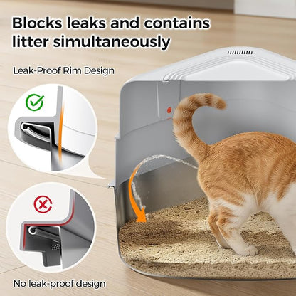 XXL Stainless Steel Corner Cat Litter Box with Lid - Sturdy, No Odor & Space-Saving Hidden Design for Large Cats, White
