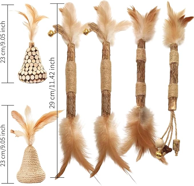 Walfront Cat Toys Interactive,Cats Chew Toys Sticks 2PCS Realistic Tree Stump Toys + 4PCS Pure Natural Log Sticks with Feathers and Bell Natural,Safe Dental Teething Toy for Indoor Cats