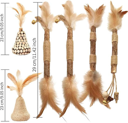 Walfront Cat Toys Interactive,Cats Chew Toys Sticks 2PCS Realistic Tree Stump Toys + 4PCS Pure Natural Log Sticks with Feathers and Bell Natural,Safe Dental Teething Toy for Indoor Cats