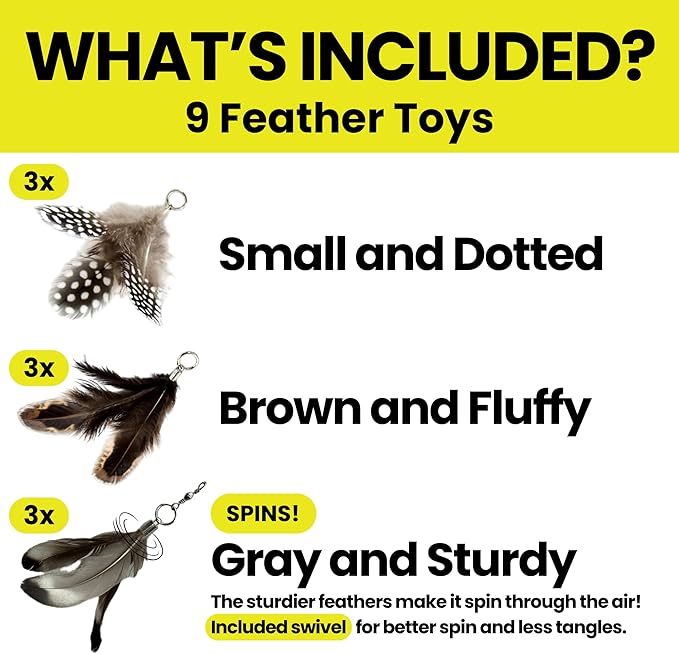 Cat Feather Toy Refill 9-Pack - Natural Feather Cat Toy - Small Size Cat Wand Attachments - Official Cat Toy Feather Replacement for Forever Stick Cat Wand Toy - Cat Wand Refill - Cat Lure and Teaser