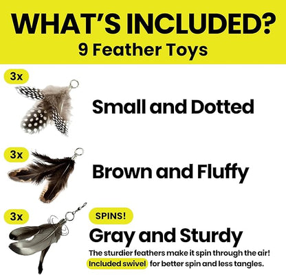 Cat Feather Toy Refill 9-Pack - Natural Feather Cat Toy - Small Size Cat Wand Attachments - Official Cat Toy Feather Replacement for Forever Stick Cat Wand Toy - Cat Wand Refill - Cat Lure and Teaser