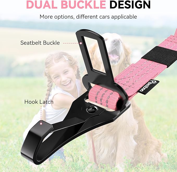 Pawaboo Dog Car Seat Belt– Reflective & Adjustable Dogs Cars Harness Leash with 360° Lockable Buckle, Shockproof Dogs Tether Bungee for Safe Travel, Pink