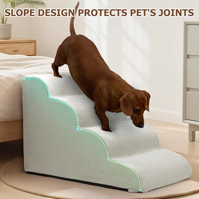 Dog Steps for Bed and Couch,4-Step Dog Stairs and Ramp for Small Dogs & Cats,Indoor Anti-Slip Pet Stairs for Old Cats and Puppy,Light Grey