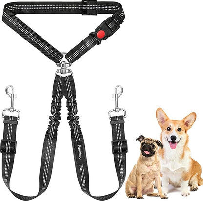 Pawaboo Dog Seat Belt for Car, Double Dogs Car Seatbelt Adjustable, 360° No Tangle Dogs Vehicle Safety Leash with Elastic Bungee Buffer, Reflective Y Shape Two Dog Cars Harness for Pets Cars Travel