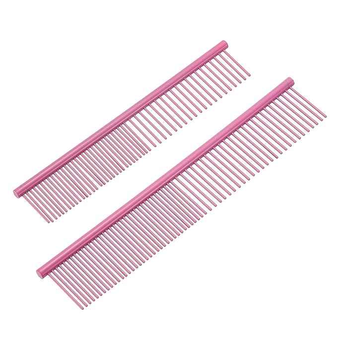 Dog Cat Comb, Pet Combs Stainless Steel Teeth with Rounded Ends for Knots Mats Loose Hair Removal, 6.5/7.5IN (Pink Coated, 2 Pack), Grooming Tool Intended for Long Curly Hair Pet