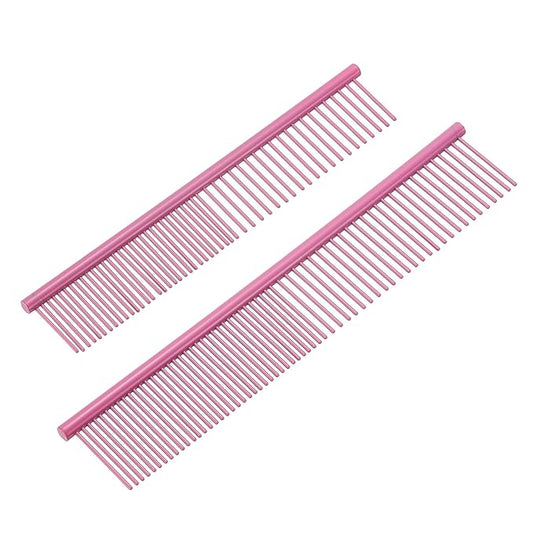 Dog Cat Comb, Pet Combs Stainless Steel Teeth with Rounded Ends for Knots Mats Loose Hair Removal, 6.5/7.5IN (Pink Coated, 2 Pack), Grooming Tool Intended for Long Curly Hair Pet