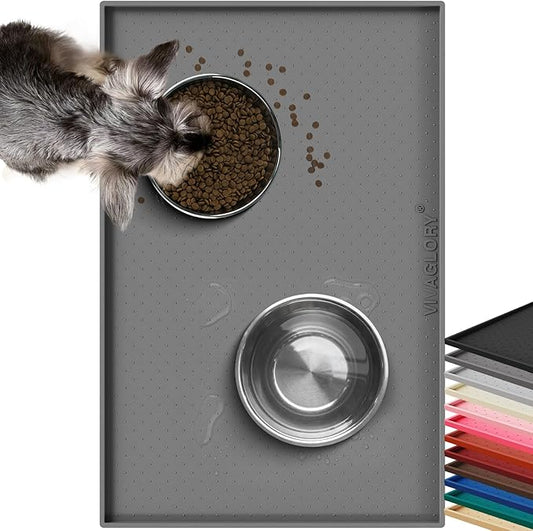VIVAGLORY Dog Bowl Mat Grippymat Pet Food Mat, Waterproof Washable Nonslip Silicone for Pet & Cat, Food and Water Placemat with Lip & Raised Edges for Indoor Floor, S, Grey