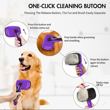 Dog Brush for Shedding, Self Cleaning Slicker Brush Ideal for Short Long Haired Dogs & Cats. Removes Loose Fur, Undercoat, Mats, Tangled Hair. Suit for Large Medium Small Animal, Purple