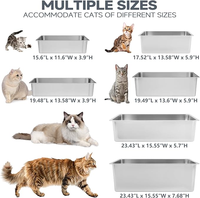 Kirecoo Stainless Steel Cat Litter Box XXL- Metal High Sided Cat Pan, Large Stainless Steel Box, Indoor Litter Tray, Non Stick, No Smell, Easy to Clean, Pet Toilet Supplies for Kitten, Kitty, Rabbit