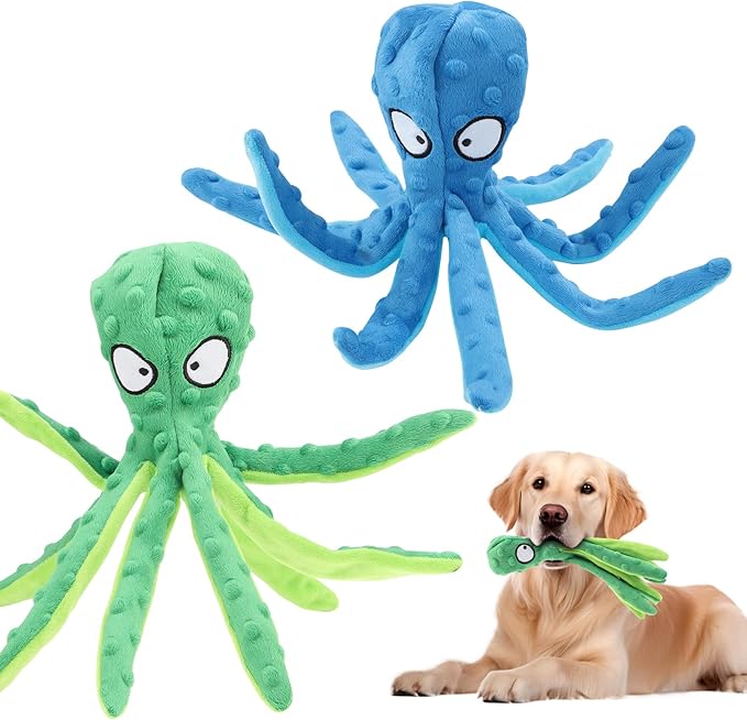 2 Pcs Octopus Dog Toys, No Stuffing Squeaky Dog Toys Chew Toys for Dogs Puppy Toys Indestructible Dog Toy for Small & Medium & Large Dogs (Blue,Green)