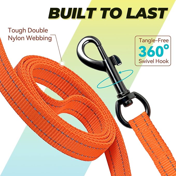 VIVAGLORY Dog Leash Twingrip Double Handle Dog Leash with Traffic Handle Control & 2 Loop for Walking & Training, Reflective Heavy Duty for Puppy Pet Collar, 5ft x 1/2in, Orange