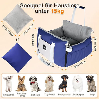 SIVES Dog Car Seat for Small Dogs, Soft Booster Seat Travel Bed with Side Flaps, Non-Slip Base, Seat Belt Straps + Safety Tether, Storage Pocket, Washable Cushion, Recommended Up to 33 lbs, Blue
