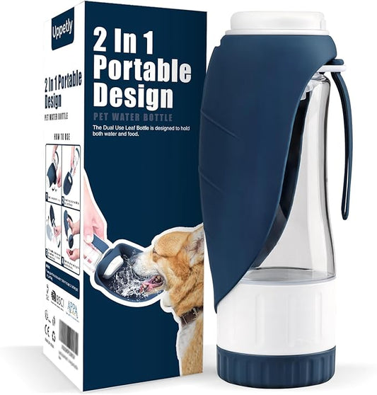 Uppetly Dog Water Bottle, Pet Water Bottle with Food Container and Drinking Feeder, Leak Proof, BPA-Free, Portable Foldable Puppy Water Cup Dispenser for Outdoor Walking, Travel, Small Dark Blue
