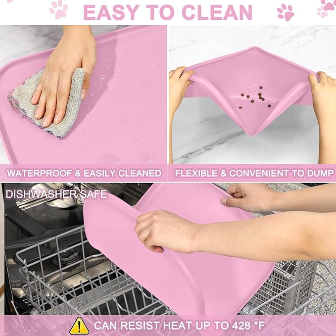 Silicone Pet Food Mat with Raised Edge for Food and Water Bowl, Dog Feeding Mats, Cat Food Trays for Floor Waterproof, Rubber Tray for Dogs and Cats, 22 x 14 x 0.8 Pink