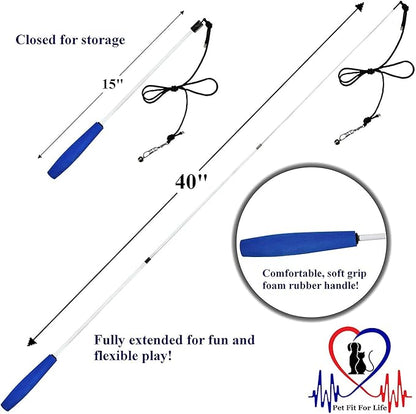 Pet Fit For Life - Retractable Feather Wand for Cats - Durable Interactive Cat Toy, Teaser Fishing Pole with Feather Lures - Fun Kitten Play Wand, 2 Feathers with String and Flying Fish Attachment