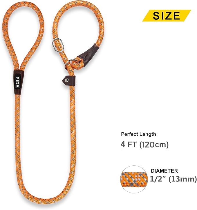Fida Slip Leads for Dogs, 4 FT x 1/2" Dog Leash Heavy Duty Comfortable Strong Rope Lead for Large, Medium Dogs, No Pull Pet Training Leash with Highly Reflective,Orange
