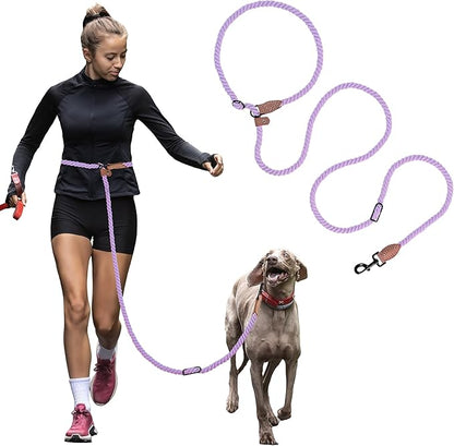 Mile High Life Hands Free Dog Leash, Crossbody Waist Leash with Genuine Leather Connection, Multifunctional Adjustable Slip Lead for Dog Walking Running (Purple, 7FT)