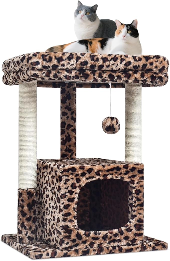 SYANDLVY 27" Cat Tree for Indoor Cats, Activity Tower with Scratching Posts, Modern Kitten Condo with Plush Perch & Hanging Ball for Play, Leopard Print