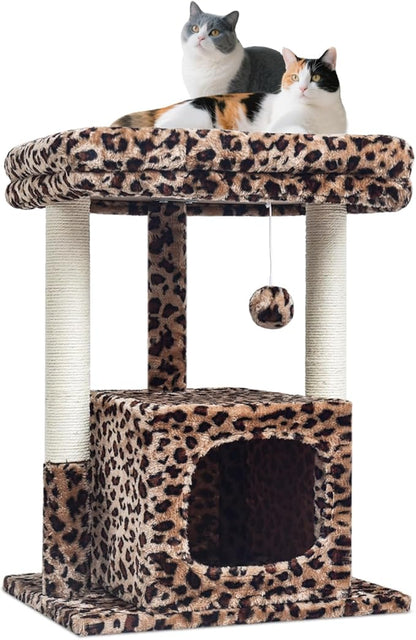 SYANDLVY 27" Cat Tree for Indoor Cats, Activity Tower with Scratching Posts, Modern Kitten Condo with Plush Perch & Hanging Ball for Play, Leopard Print