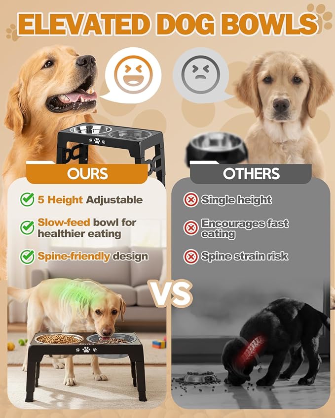 Elevated Dog Bowls for Medium Large Size Dogs, Non-Slip Dog Feeder with 1*Stainless Steel Dishes & 1*Slow Feeder Bowl, 5 Heights Adjustable Raised Bowls to 3.15″-8.66″-9.84″-11.02″-12.2″