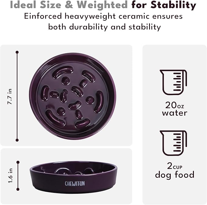 CHEWFFON Ceramic Slow Feeder Dog Bowls, 2 Cups Puzzle Dog Food Bowl for Fast Eaters, Nonslip Stop Bloat Slow Feeder for Small and Medium Breed, Dishwasher Safe, Dark Purple