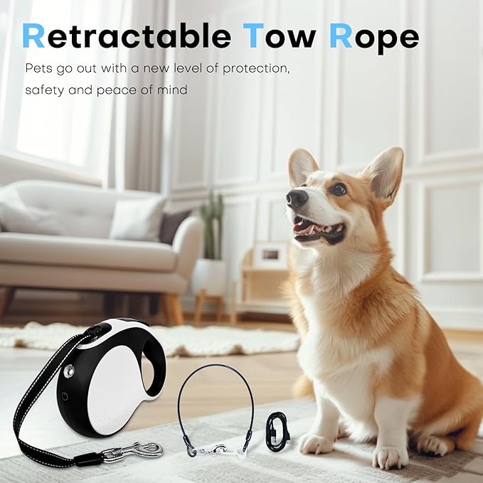 Retractable dog leash with chew-proof cord and LED flashlight, 16-ft heavy-duty dog leash, suitable for Small/medium dogs weighing up to 110 pounds, reflective rope, 360° anti-tangling(White+16ft+LED)