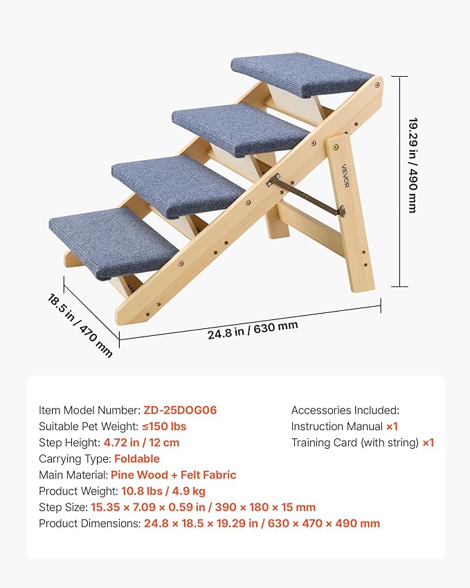 VEVOR Wood Pet Stairs, 4-Step Dog Stairs for Beds, Sofa & Cars, 150lbs Load Capacity, Floded Flat Design, Stable & Sturdy Cat & Dog Step Ladder for Small Medium Large Older Pet Puppy Essentials