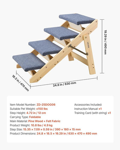 VEVOR Wood Pet Stairs, 4-Step Dog Stairs for Beds, Sofa & Cars, 150lbs Load Capacity, Floded Flat Design, Stable & Sturdy Cat & Dog Step Ladder for Small Medium Large Older Pet Puppy Essentials