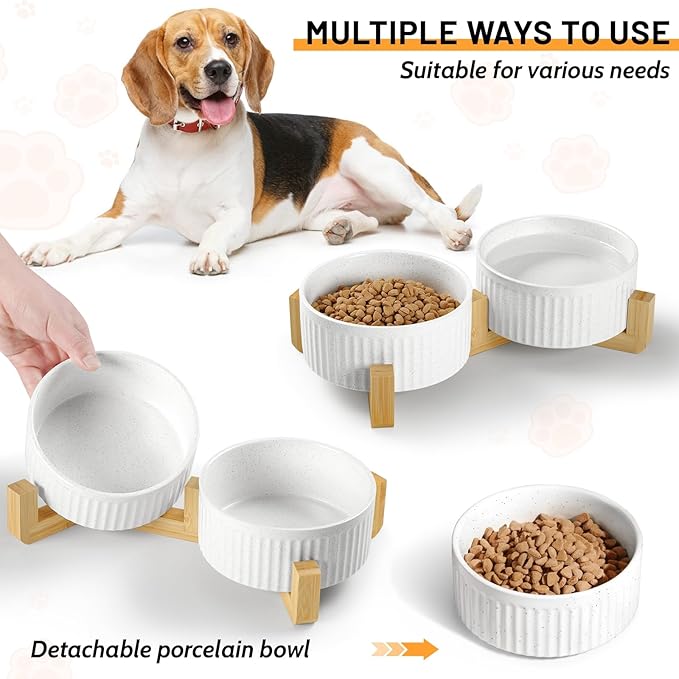 Non-Slip Ceramic Dog Bowls with Wooden Stand,8" Dog Food and Water Bowl Set with Silicone Base, 64 OZ/8 Cups Weighted Flip-Proof Pet Feeding Bowl for Small Dogs and Cats (Large,White)