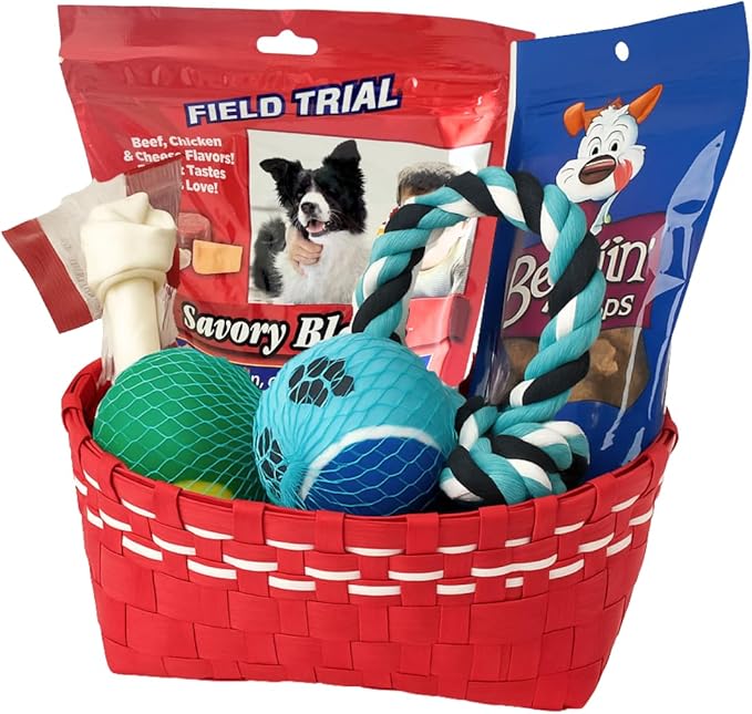 Best Dog Gift Basket with Treats and Toys – Premium Birthday or Welcome Box for Small to Medium Dogs – Includes Rope Toy, Chew Bone, Balls, and Tasty Snacks