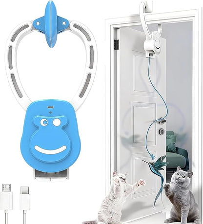 Interactive Cat Toys for Indoor Cats, Automatic Hanging Feather Cat Toy with Realistic Fluttering & Quiet Motor, USB Rechargeable Door Mounted Feather Wand for Bored Kittens & Adult Cats (Blue)