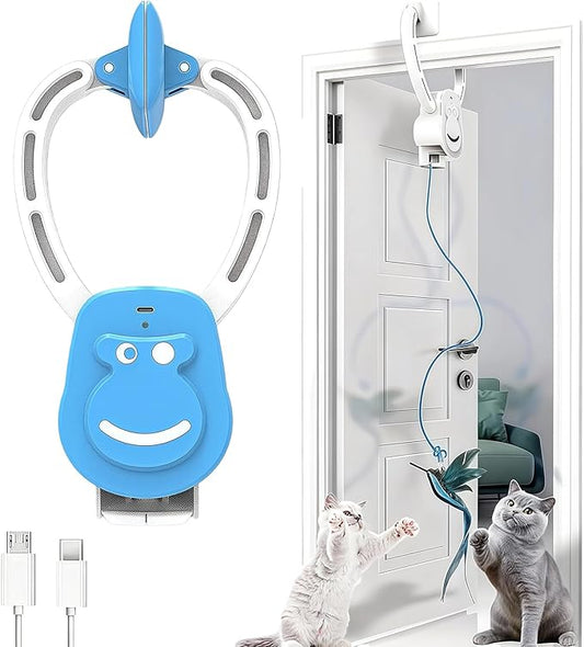 Interactive Cat Toys for Indoor Cats, Automatic Hanging Feather Cat Toy with Realistic Fluttering & Quiet Motor, USB Rechargeable Door Mounted Feather Wand for Bored Kittens & Adult Cats (Blue)
