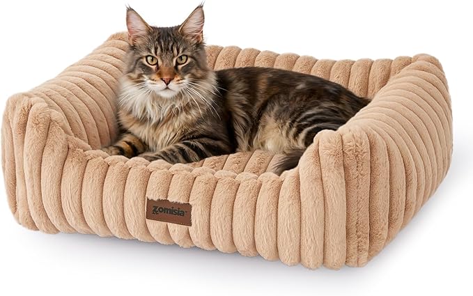 Large Cat Beds - Orthopedic Dog Bed for Medium Dogs, Rectangle Pet Bed with Fluffy Removable Washable Cover, 25x21x9inches, Camel