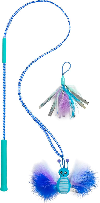 Catstages Tail Teaser Air Prey Cat Wand Toy for Indoor Cats, Interactive Cat Toy with 2 Feathered Catnip Toys, Crinkle Sounds, and Durable Rope for Leaping Play, Blue
