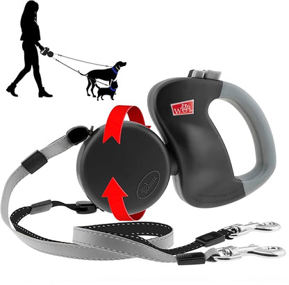 WIGZI - 2025 Enhanced Edition - Dual (2) Dog Retractable Leash, Auto-Untangles, Supports Up to 50lb Dogs, 10ft Distance Each Dog, Color-Coded Control, Reflective Leads, Waterproof (Black)