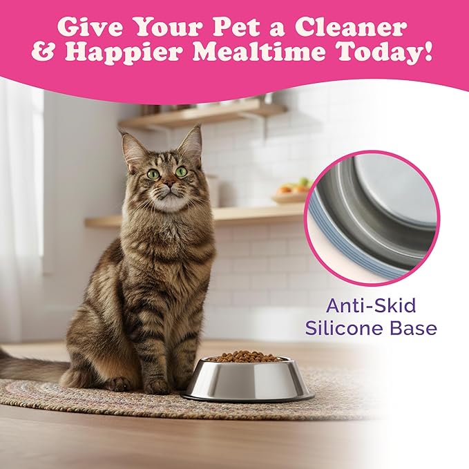 Stainless Steel Dog Bowls | Cat Bowls (Pack of 1) - Anti Skid & Non Tip Dog Water Bowl | Cat Water Bowl Set - Dishwasher Safe - 32 Oz - 950 ml - 23 cm Diameter (Elegant Silver Stripes)