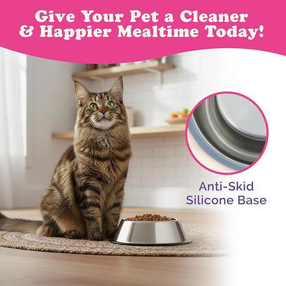 Stainless Steel Dog Bowls - Cat Bowls (Pack of 3) - Anti Skid & Non Tip Dog Water Bowl | Cat Water Bowl Set - Dishwasher Safe - 32 Oz - 950 ml - 23 cm Diameter (Elegant Silver Stripes)