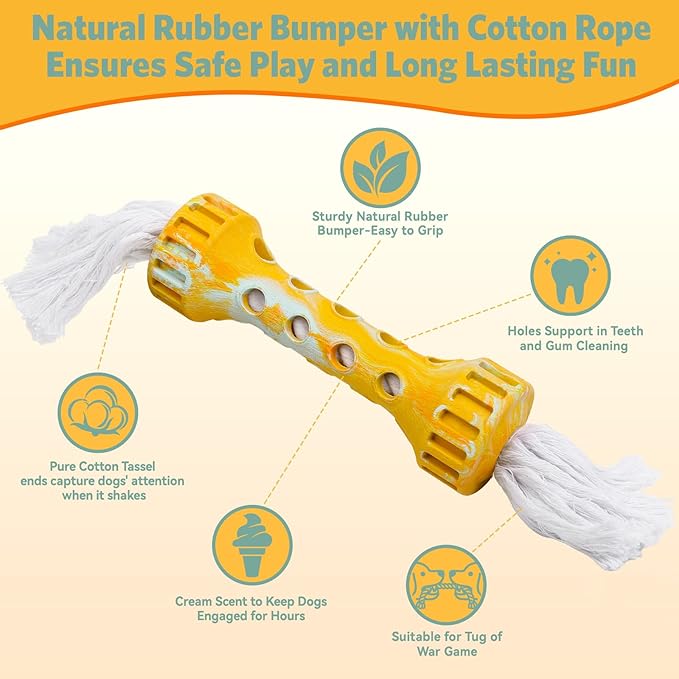 Indestructible Dog Toys for Aggressive Chewers, Rubber Rope Dog Chew Toys for Teething for Medium/Large Dogs, Interactive Dog Toys to Keep Them Busy Outdoors, Cream Flavor, Yellow/White