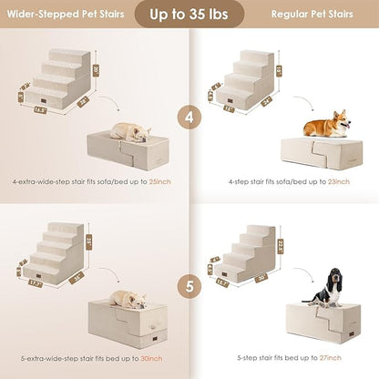 EHEYCIGA Dog Stairs for Bed 20" H, 4-Step Extra Wide Dog Steps for High Bed, Pet Steps for Small Dogs and Cats, Non-Slip Balanced Pet Ramp Indoor, Beige