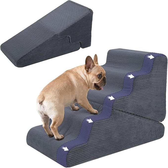 Dog Ramp for Bed, Extra Wide 20" Width Dog Stairs for High Bed, 2 in 1 Pet Steps for Small Dogs, 4-Step Foldable Transformable Large Cats Ramp to Get on Couch, Non-Slip Balanced, Grey