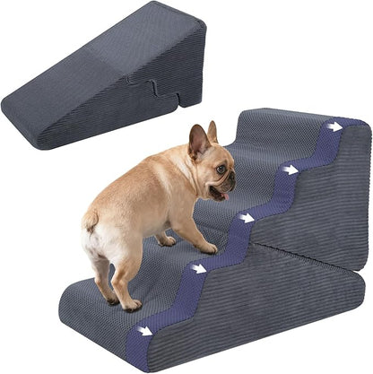 Dog Ramp for Bed, Extra Wide 20" Width Dog Stairs for High Bed, 2 in 1 Pet Steps for Small Dogs, 4-Step Foldable Transformable Large Cats Ramp to Get on Couch, Non-Slip Balanced, Grey