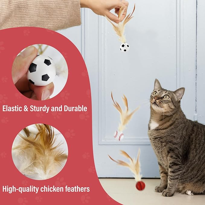 Andiker 3PCS Cat Bouncy Ball with Feather, Colorful Cats Feather Ball Toy Set with Good Elastic for Exercising Chasing Chewing to Reduce Anxiety Interactive Kitten Toys for Indoor Cats (Small, Sport)